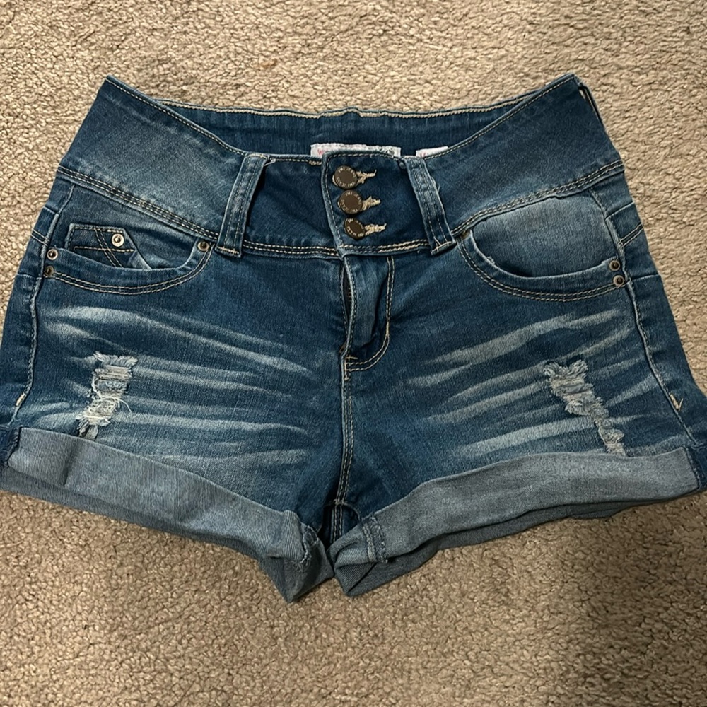 WannaBettaButt denim shorts, slight rips, mid-rise shorts